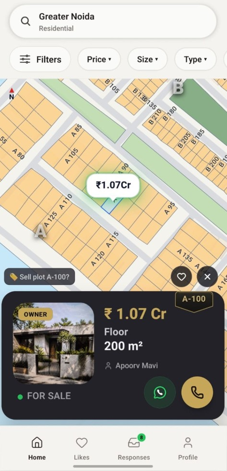 Plot A-100 listing on the map with owner photo, price and WhatsApp contact in the BrookMap app