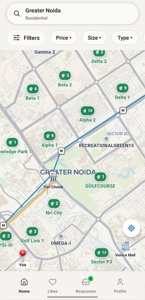 City sector browser in Greater Noida with labelled sectors and listing counts on the BrookMap app