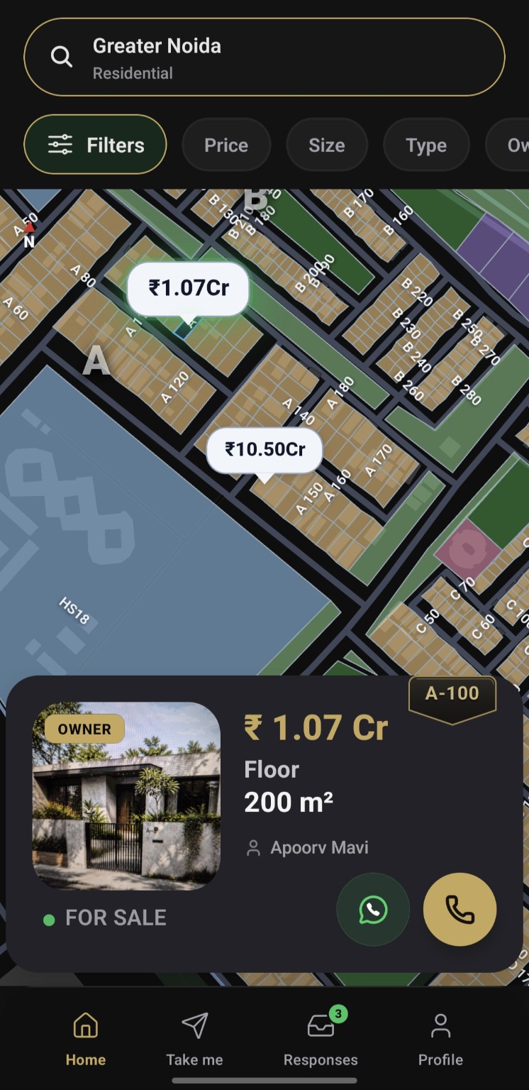 Detailed sector map with roads, parks and plot boundaries in the BrookMap app