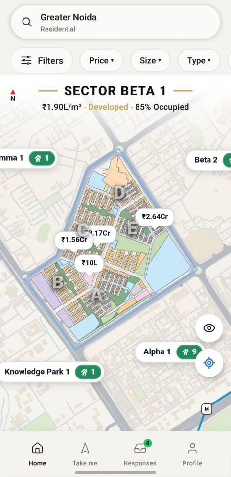 Sector Beta 1 overview with block labels, listing prices and nearby sectors in the BrookMap app